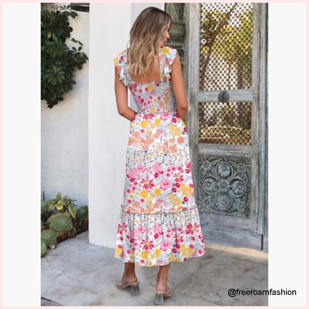Sleeveless Maxi Dress Square Neck Smocked Boho Casual Ruffle Strap Flowy A-Line - Picture 5 of 7